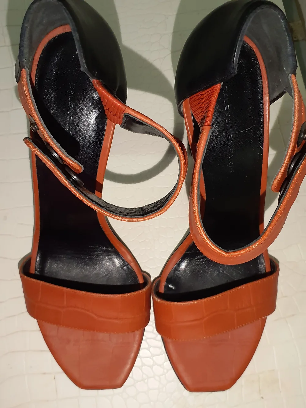Balenciaga Orange and Black Block Heel Sandals with Blue Accent
